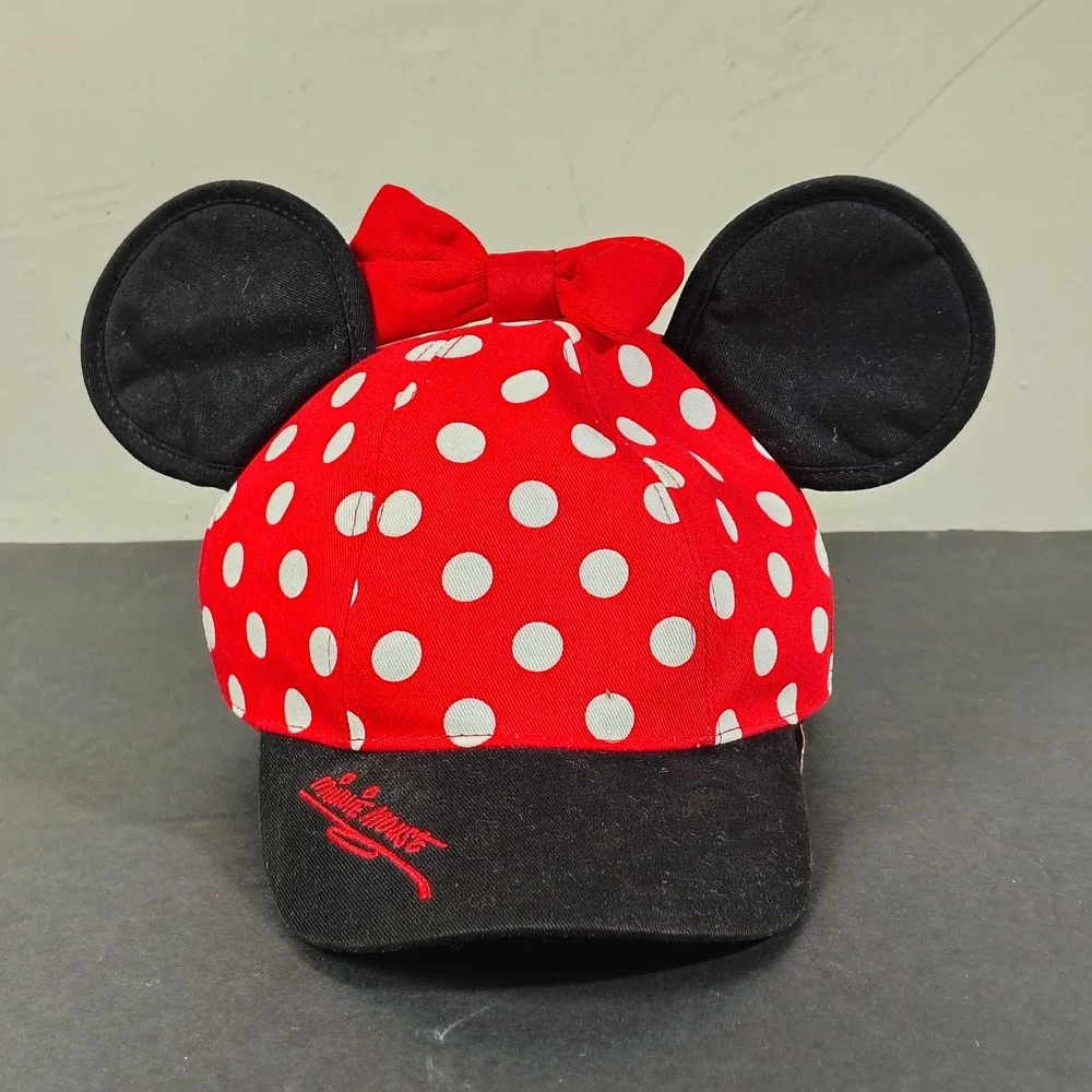 Disney Minnie Mouse Hat Girls Red Polka Dot Ears Bow Disneyland Snapback